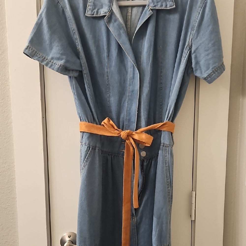 Denim Jumpsuit with Orange Belt